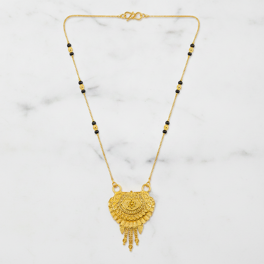 Traditional Black Bead Mangalsutra with Antique Floral Pendant