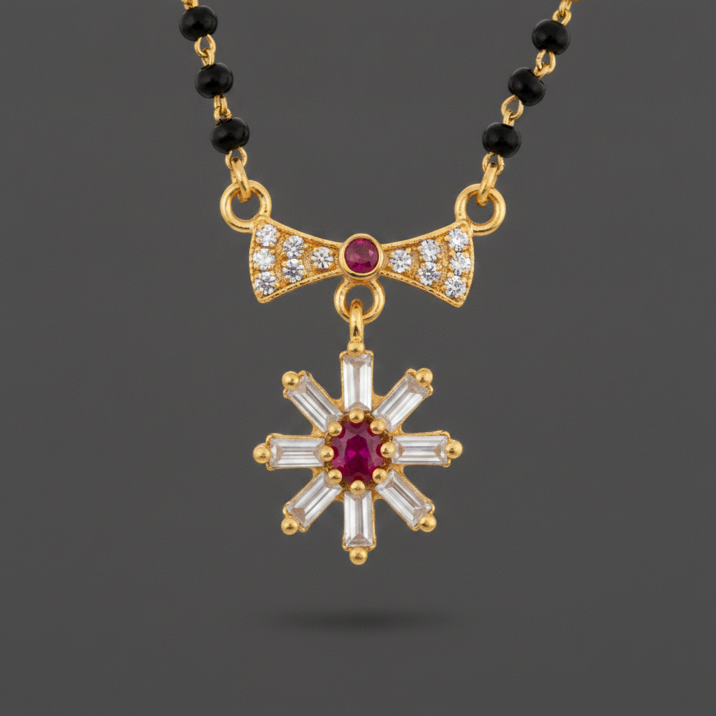 Traditional Mangalsutra with Red Stone & Sparkling CZ Flower Design
