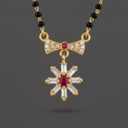 Traditional Mangalsutra with Red Stone & Sparkling CZ Flower Design