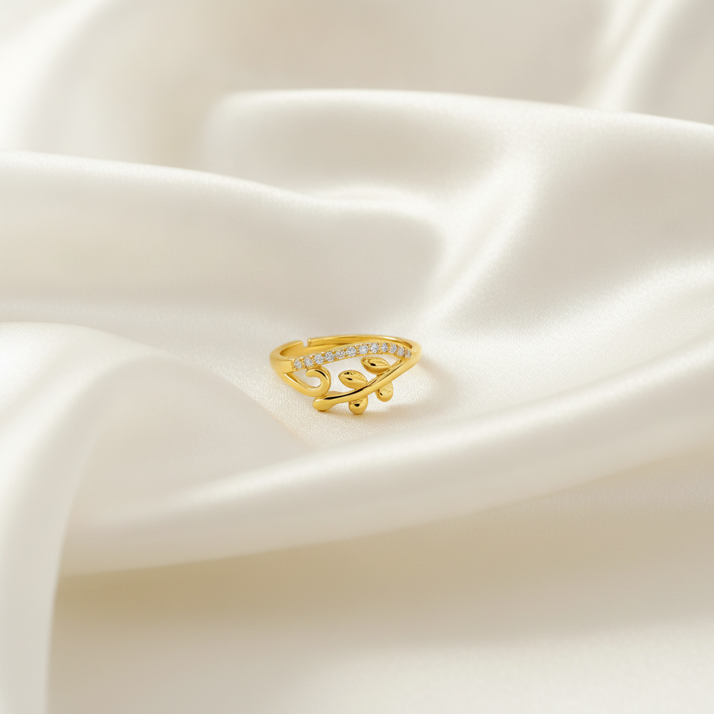 NUGOLD Nature Inspired Leaf Open Ring with Cubic Zirconia