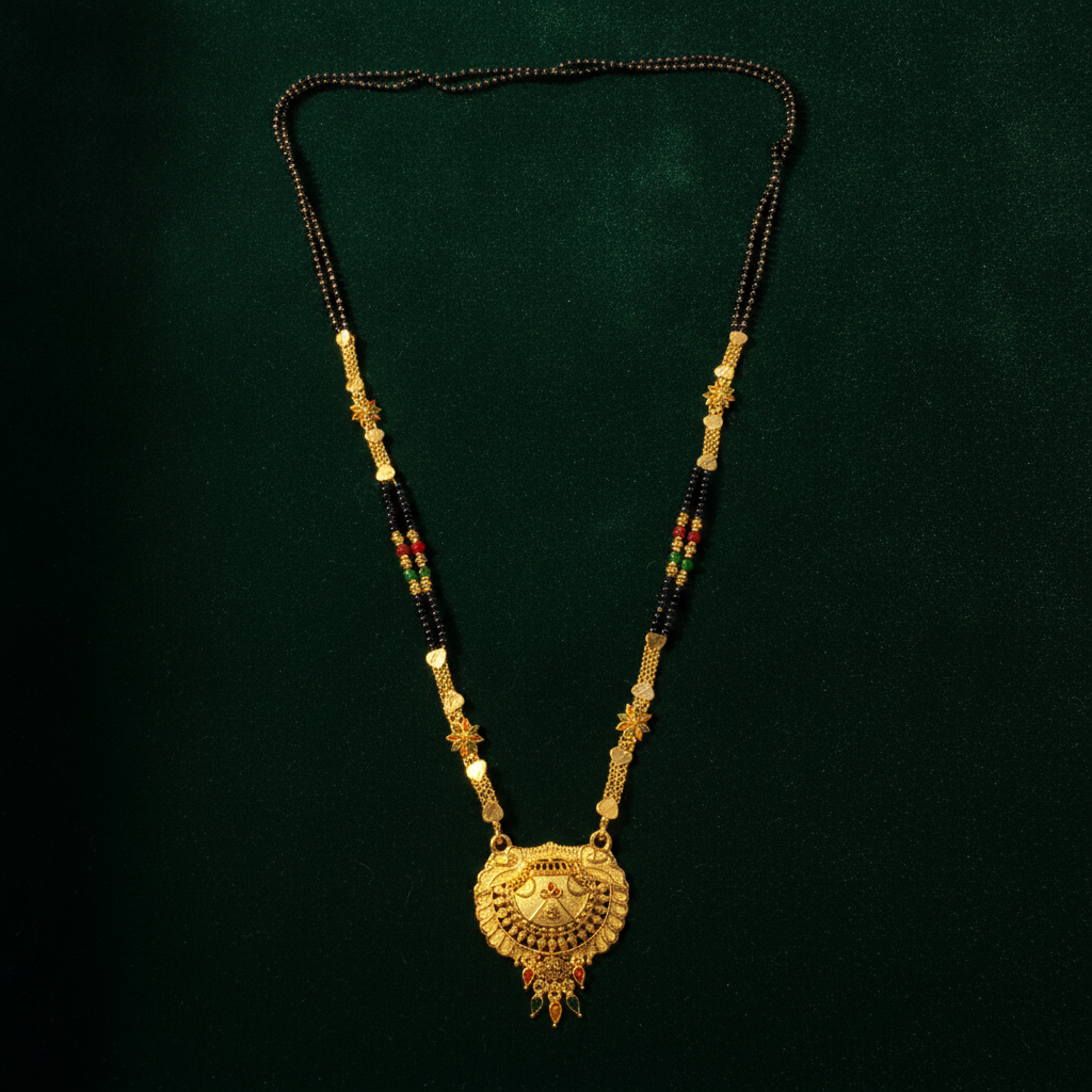 NUGOLD Royal Heritage Black Bead Mangalsutra with Antique Peacock Pendant