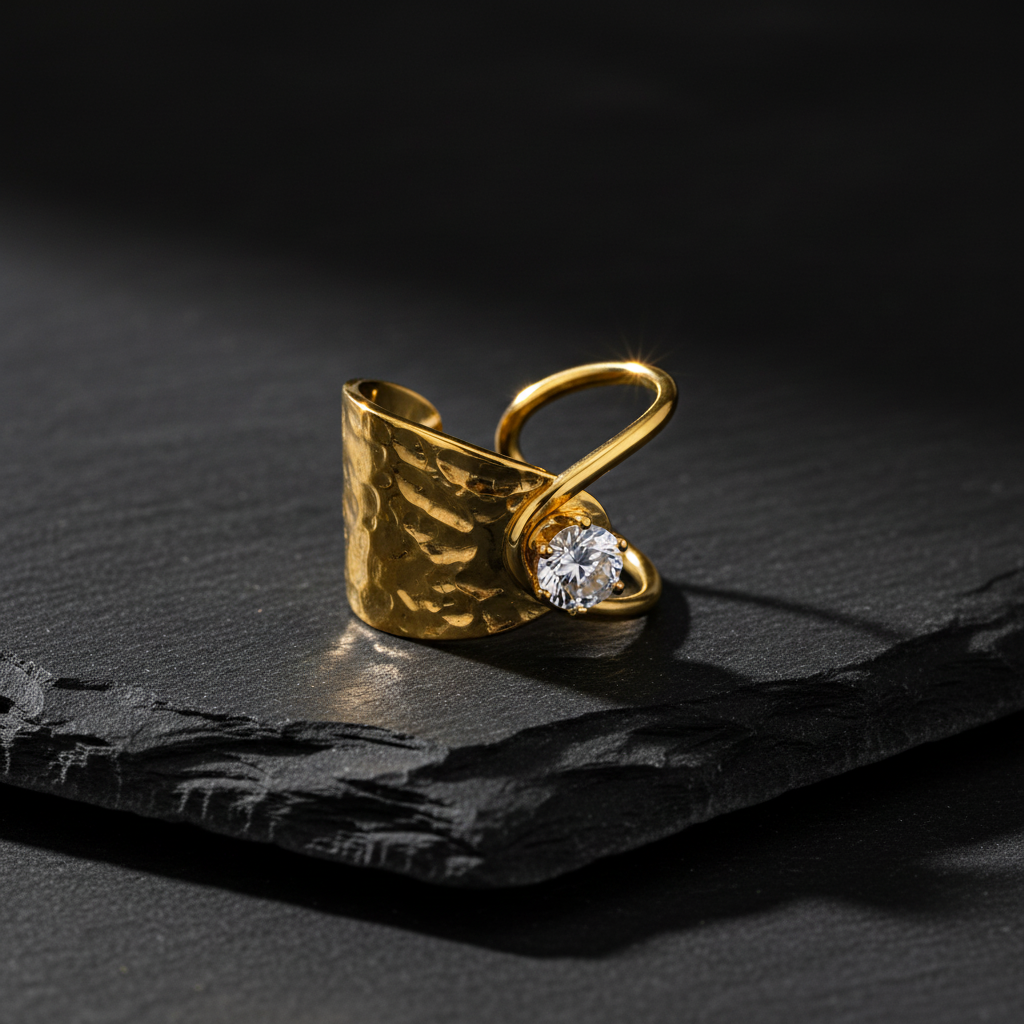 Elegant Anti-Tarnish Hammered Gold Ring with CZ Stone