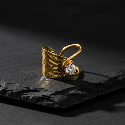 Elegant Anti-Tarnish Hammered Gold Ring with CZ Stone