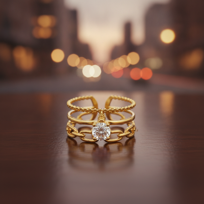 Luxury Triple Band Gold Ring with Brilliant Solitaire Stone
