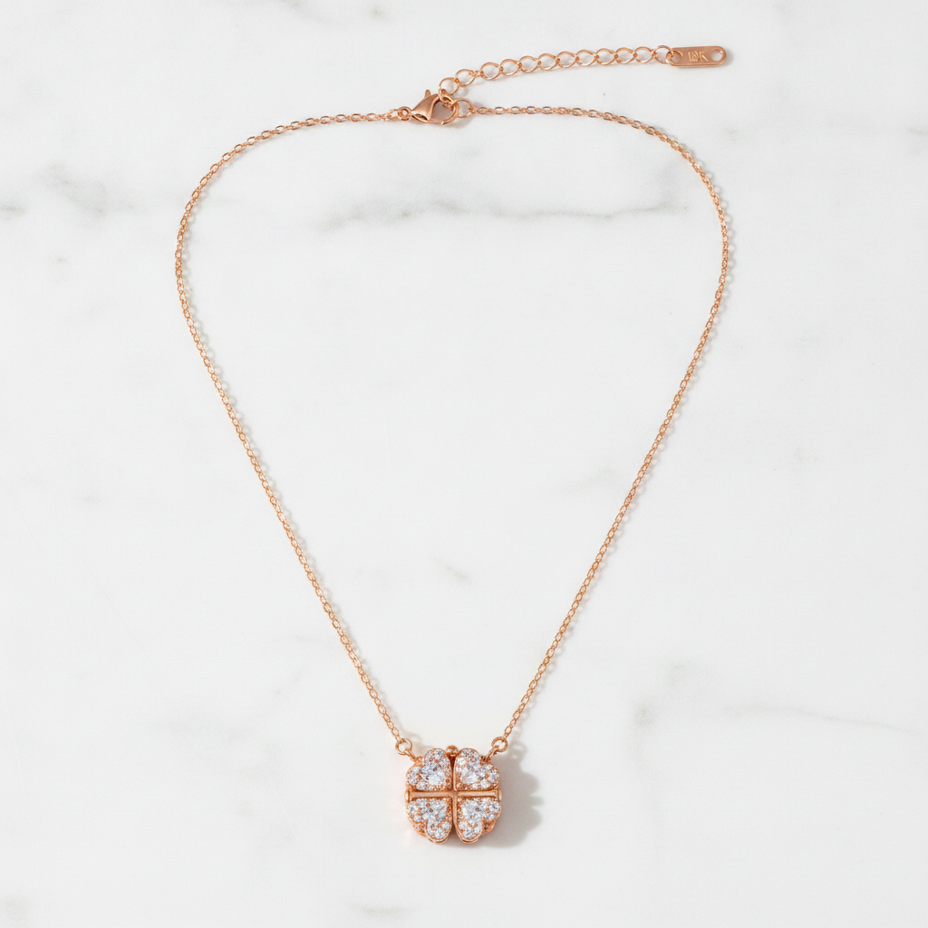 Heart-Shaped Crystal Clover Pendant Necklace