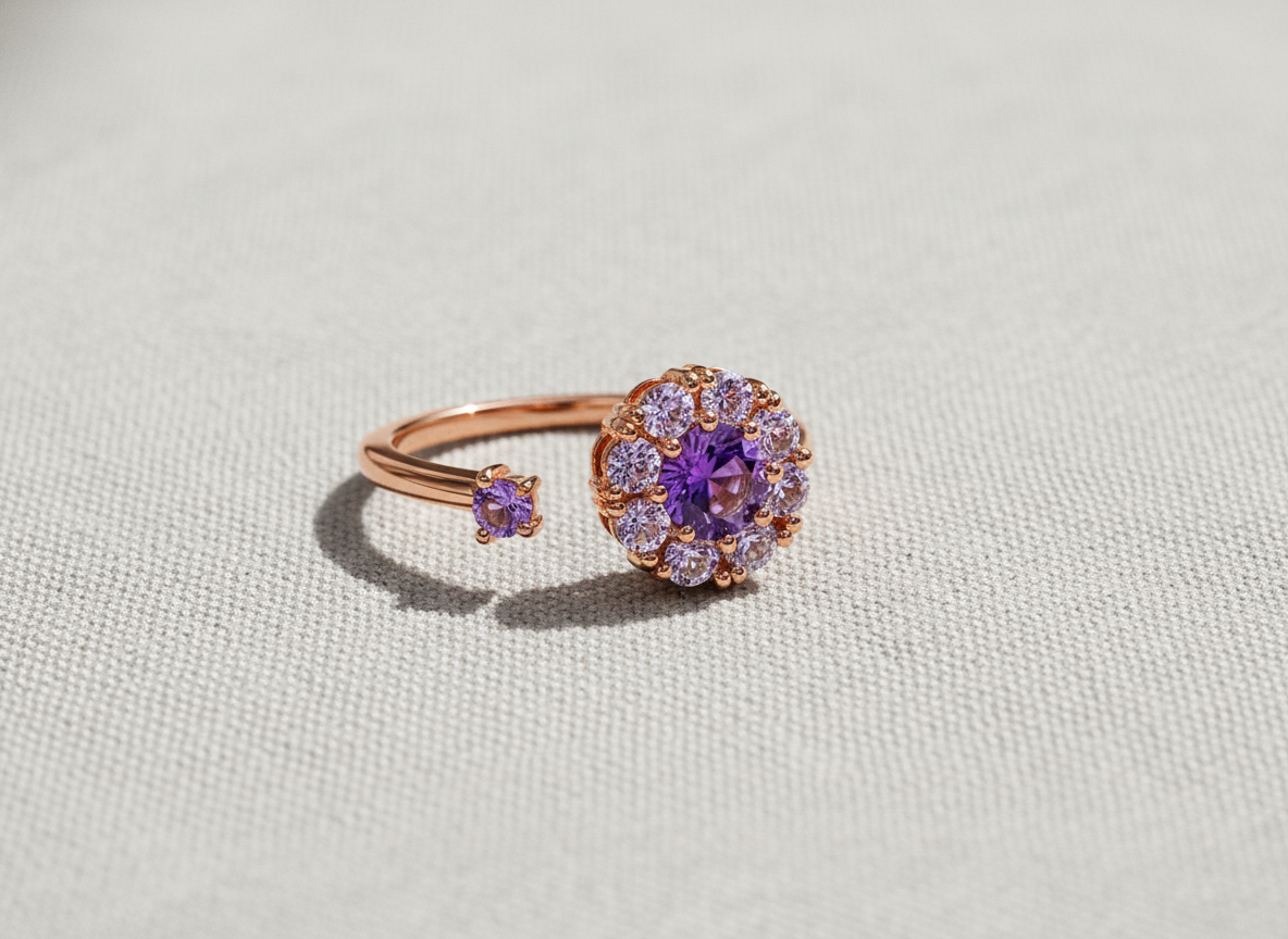 Rose Gold Purple Floral Adjustable Ring for Women