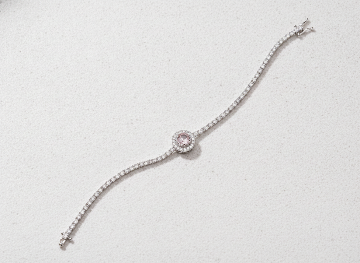 Pink Halo CZ Tennis 925 Sterling Silver Bracelet for Women