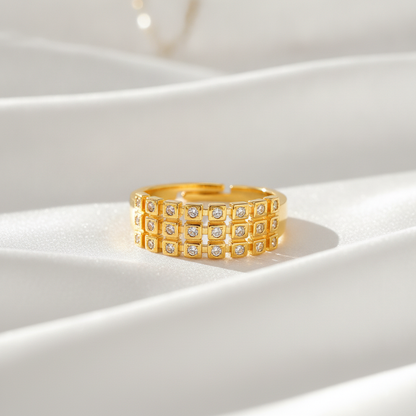 Regal Triple-Row Grid Sparkle Statement Ring for Women