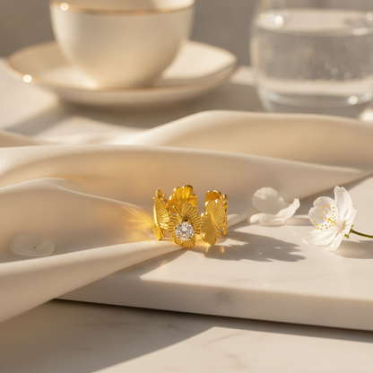 NUGOLD Leaf Adjustable Ring with Solitaire CZ Stone