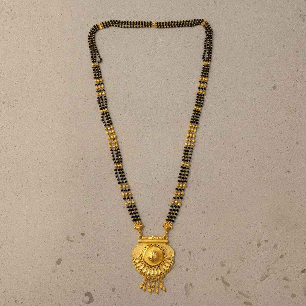 Bridal Traditional Mangalsutra with Black Beads and Round Heritage Pendant