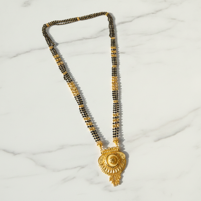 Bridal Traditional Mangalsutra with Black Beads and Round Heritage Pendant
