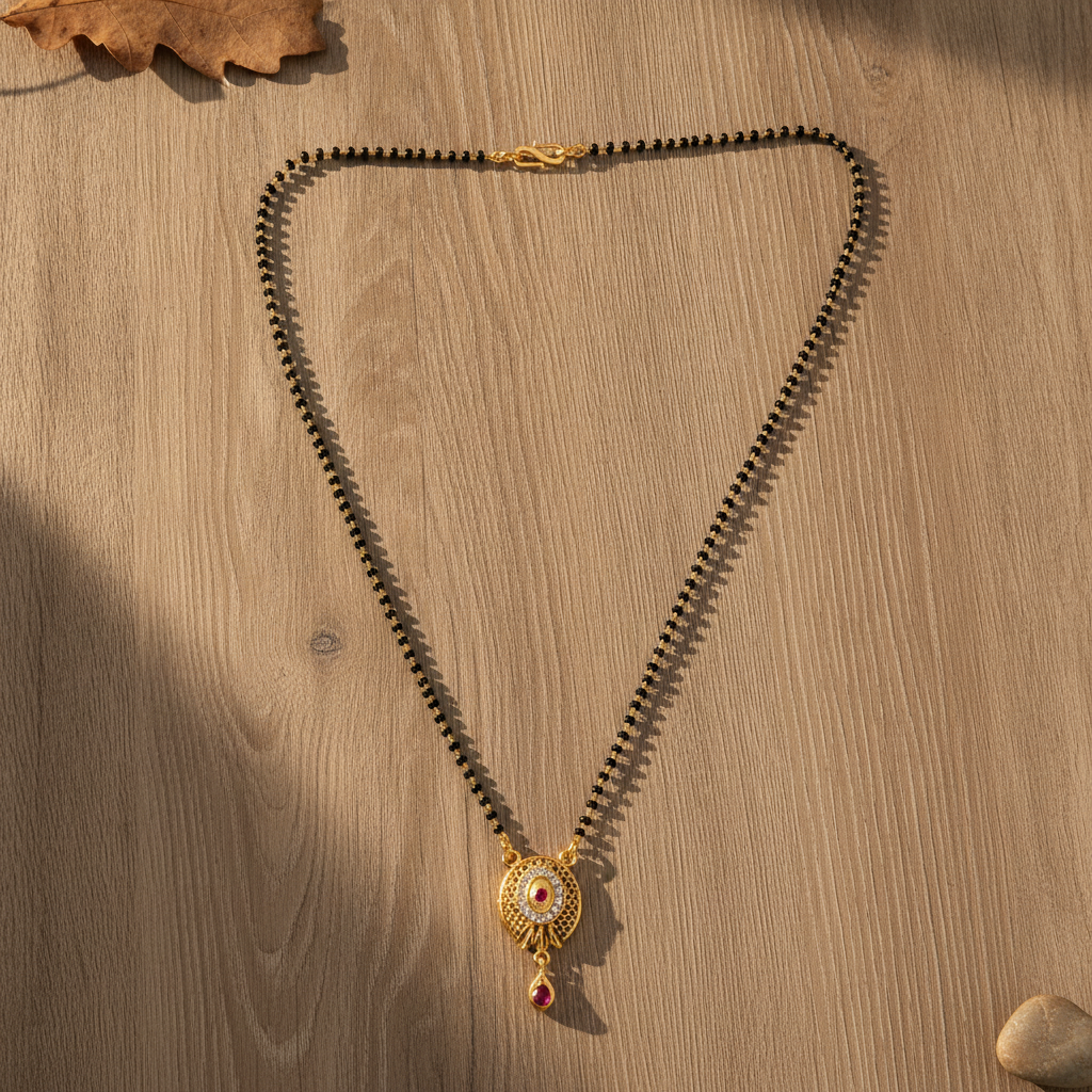 NUGOLD Antique Style Black Bead Mangalsutra with CZ & Ruby Pendant