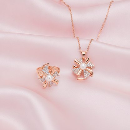 Elegant Rose Gold Pinwheel Pearl & CZ Pendant Necklace with Matching Ring Combo Set for Women
