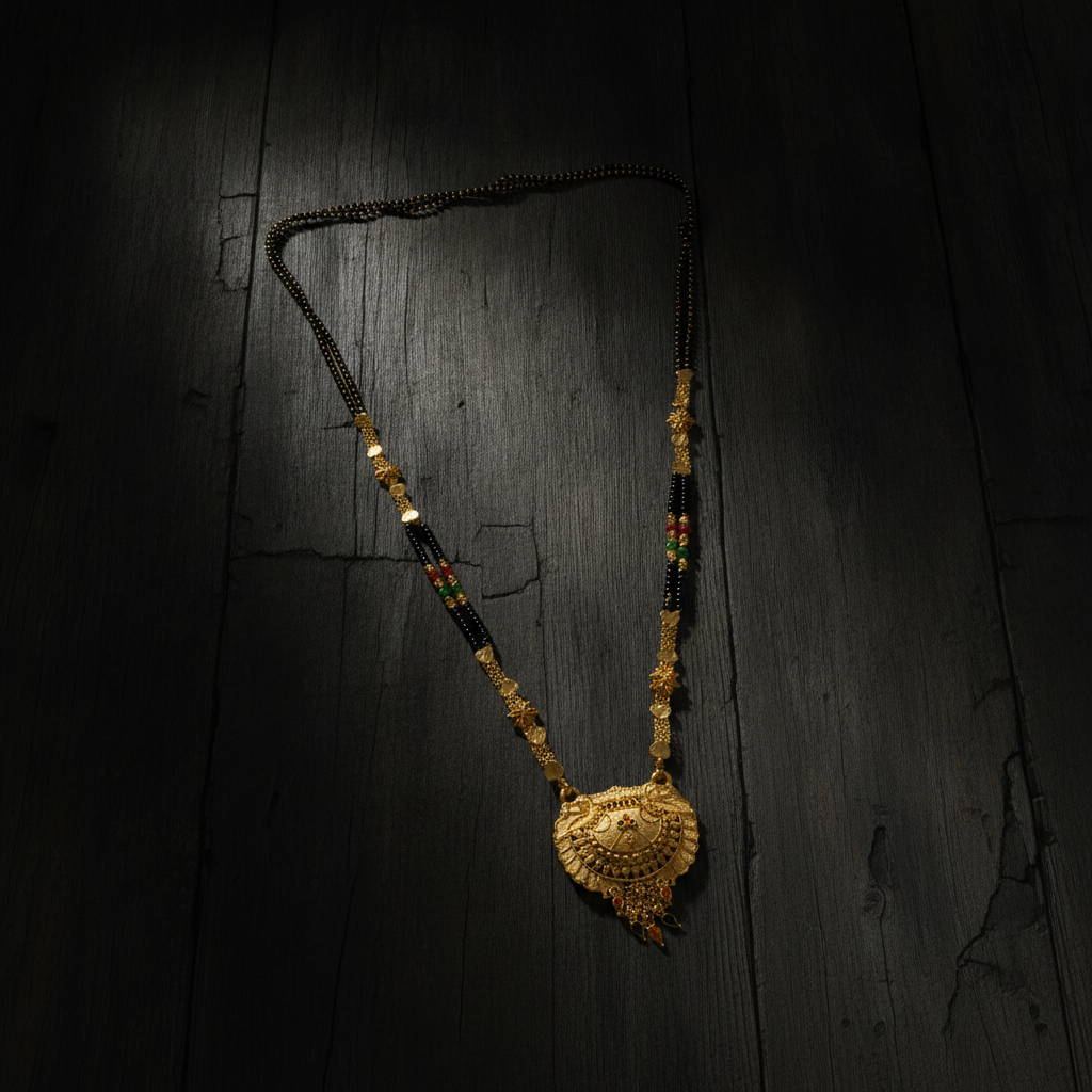NUGOLD Royal Heritage Black Bead Mangalsutra with Antique Peacock Pendant
