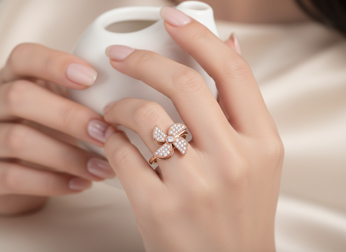 Rose Gold Floral CZ Adjustable Ring for Women