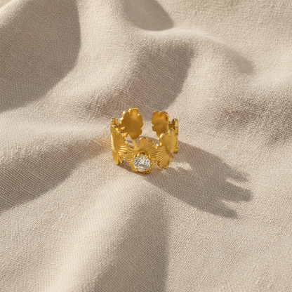NUGOLD Leaf Adjustable Ring with Solitaire CZ Stone