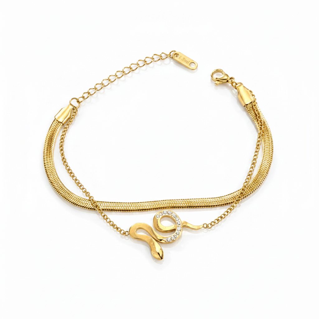 NUGOLD Snake Charm Double Layer Gold-Plated Bracelet for Women