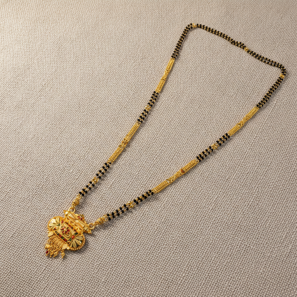 NUGOLD Traditional Multi-Strand Black Bead Mangalsutra with Antique Barrel Pendant