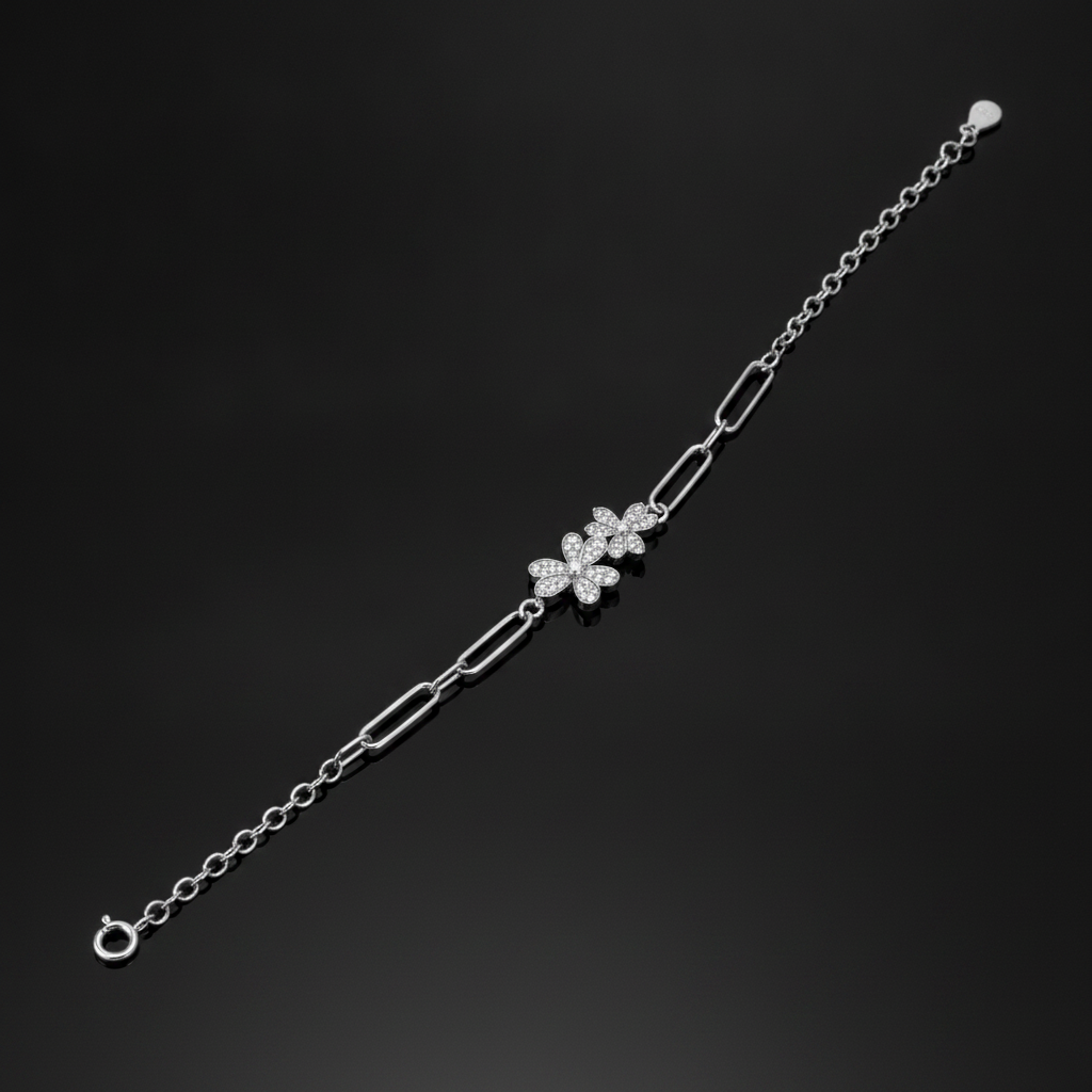 Elegant Twin Daisy Cubic Zirconia 925 Sterling Silver Bracelet for Women & Girls