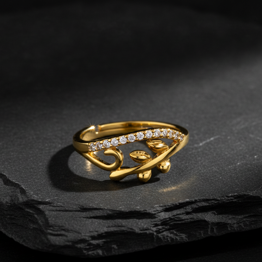NUGOLD Nature Inspired Leaf Open Ring with Cubic Zirconia