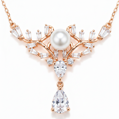 Elegant Pearl Crown Pendant Necklace in Rose Gold