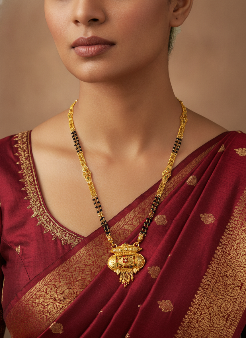 Bridal Traditional Black Bead Mangalsutra with Antique Pendant