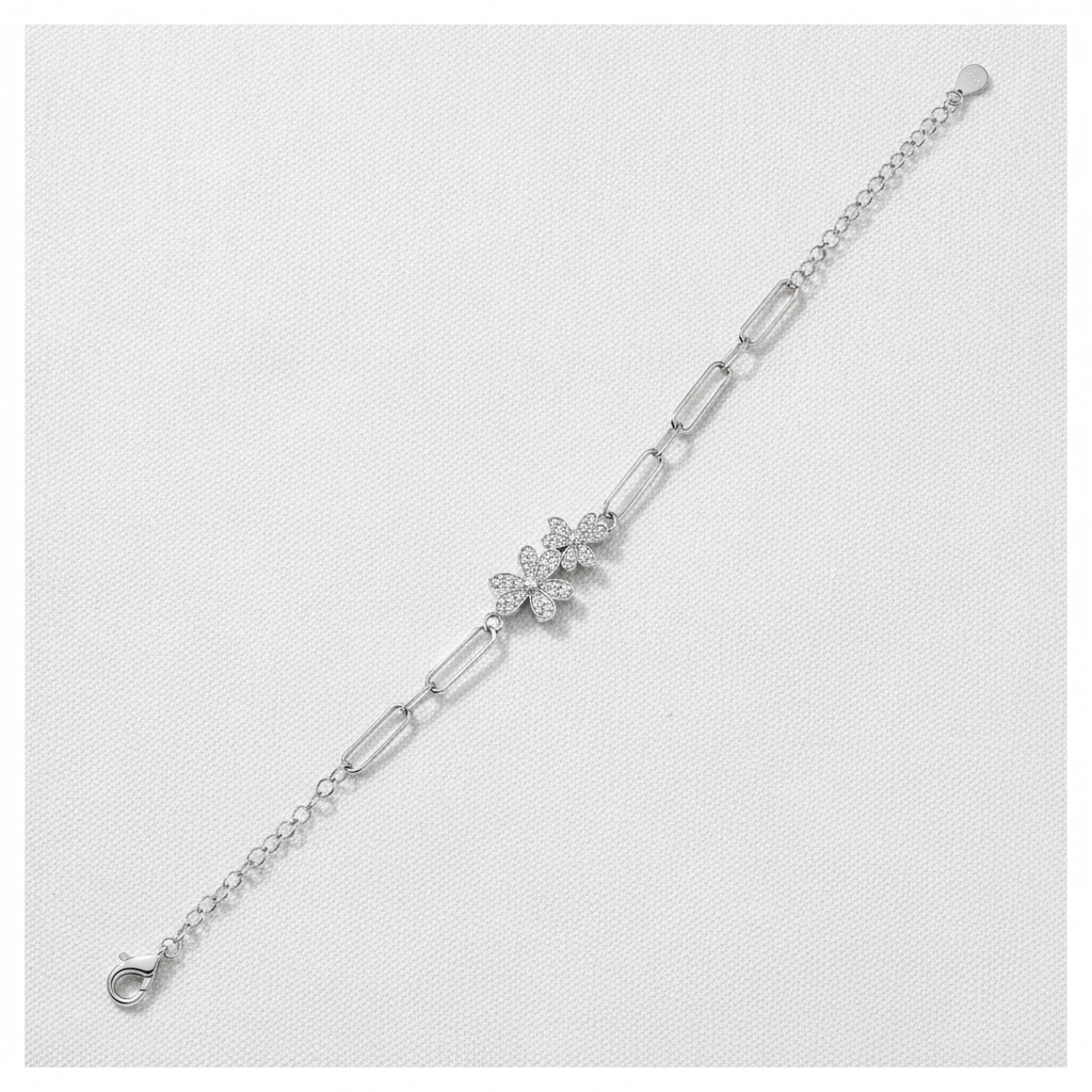 Elegant Twin Daisy Cubic Zirconia 925 Sterling Silver Bracelet for Women & Girls