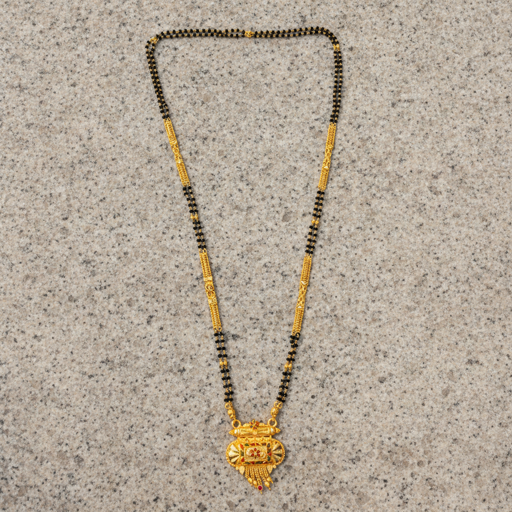NUGOLD Traditional Multi-Strand Black Bead Mangalsutra with Antique Barrel Pendant