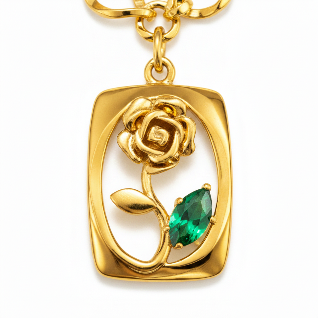 Elegant Gold Rose Pendant Necklace with Green Crystal