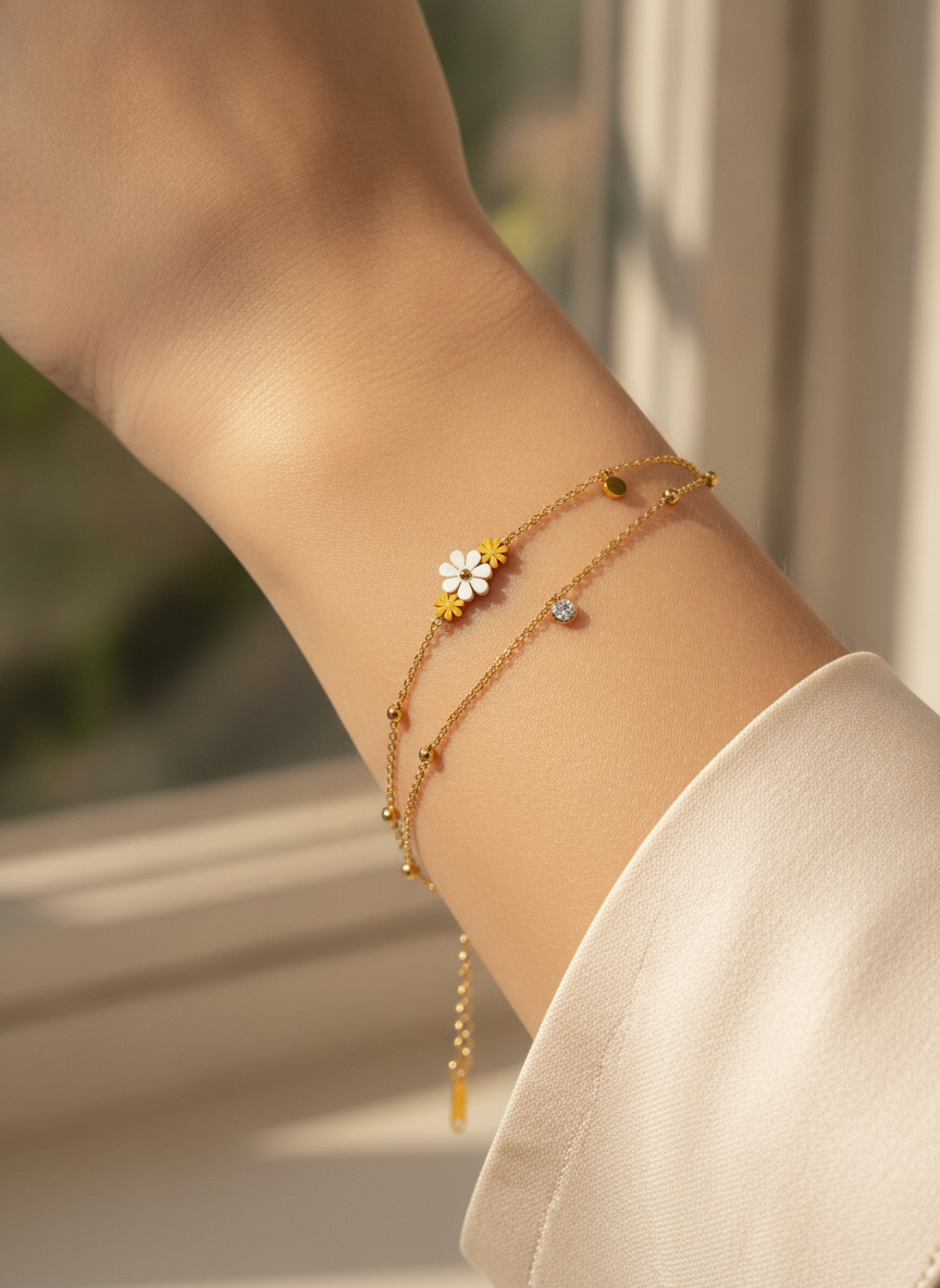NUGOLD Double Layer Daisy Charm Bracelet for Women