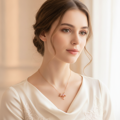 Rose Gold Crystal Bow Necklace with Heart Charm