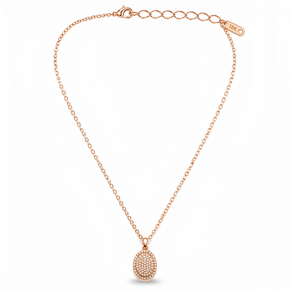 Rose Gold Crystal Halo Oval Pendant Necklace for Women