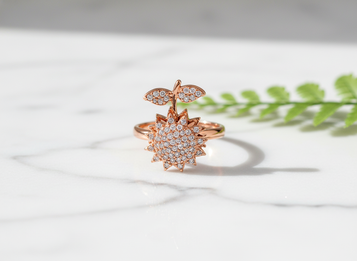Rose Gold Sunflower Crystal Ring for Women
