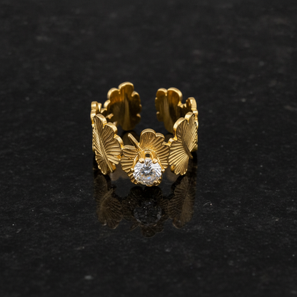 NUGOLD Leaf Adjustable Ring with Solitaire CZ Stone