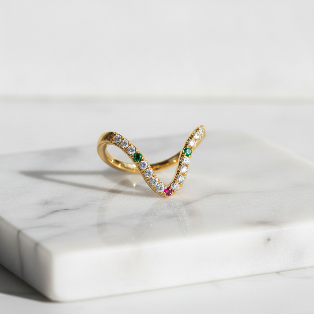 Elegant Curved Wave Ring with Multicolor Cubic Zirconia for Women & Girls