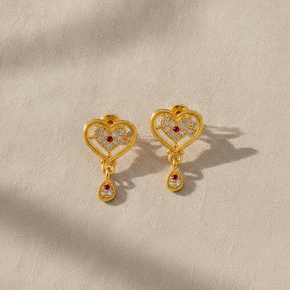 Radiant Imperial Ruby-Tinted Halo Heart Drops Earring