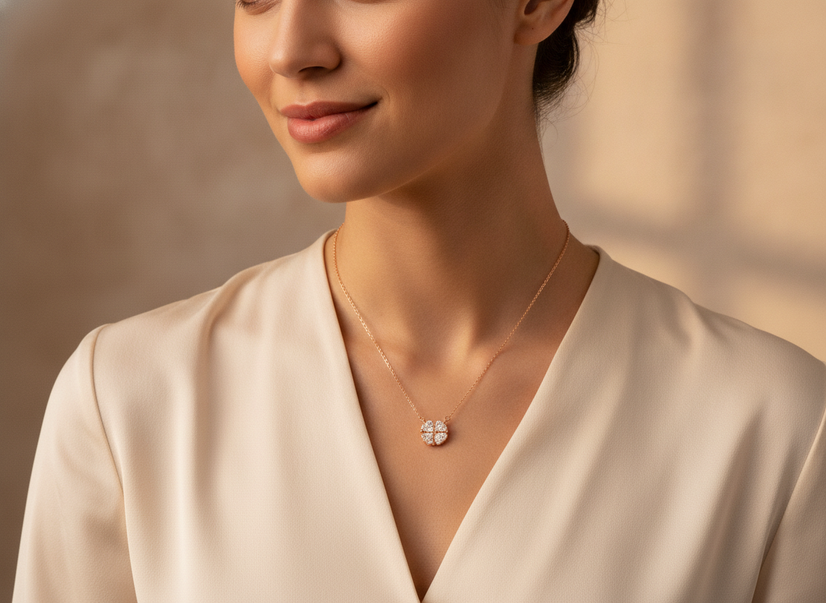 Heart-Shaped Crystal Clover Pendant Necklace