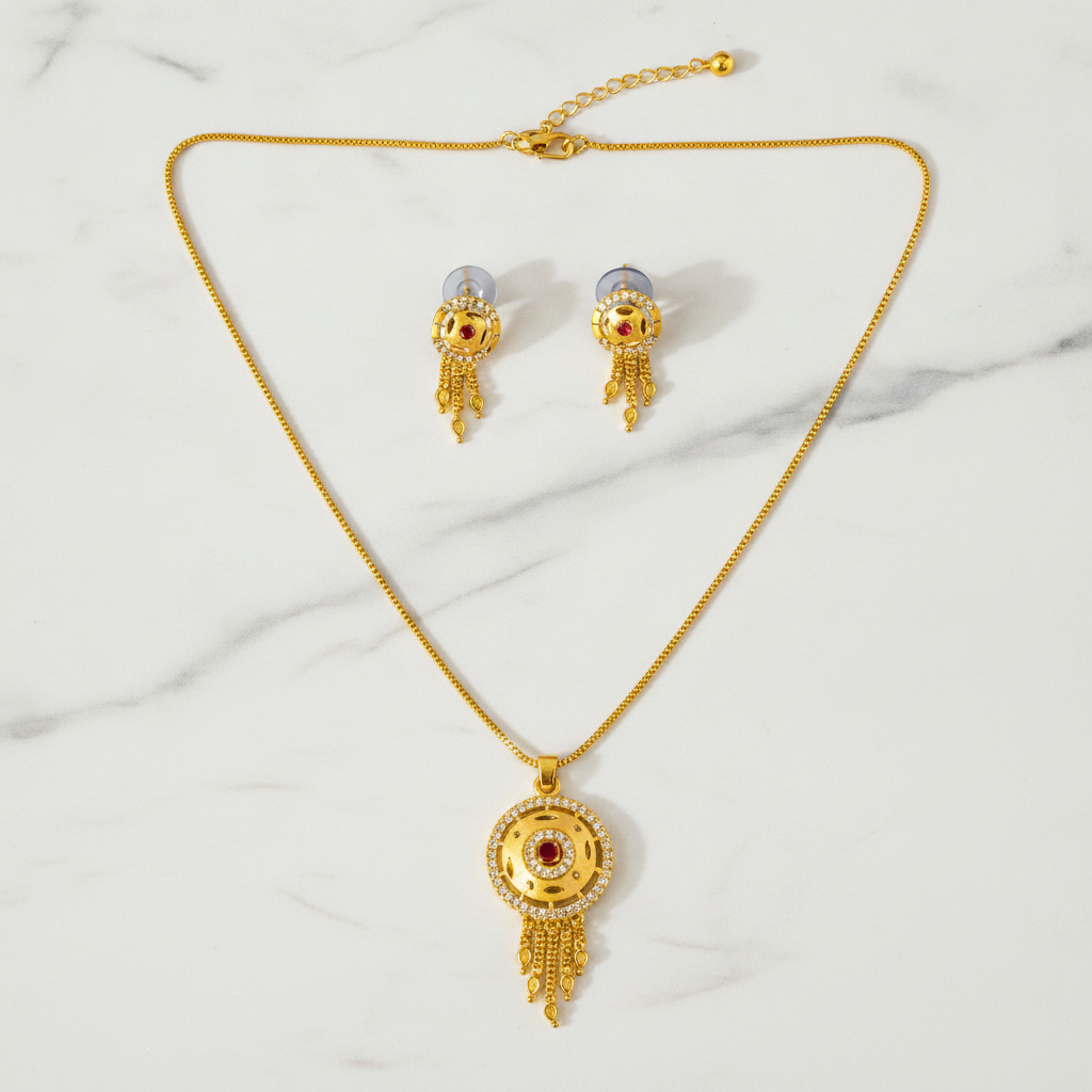 Royal Ruby CZ Circular Pendant Necklace Set with Matching Earrings for Women