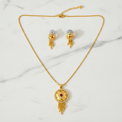 Royal Ruby CZ Circular Pendant Necklace Set with Matching Earrings for Women