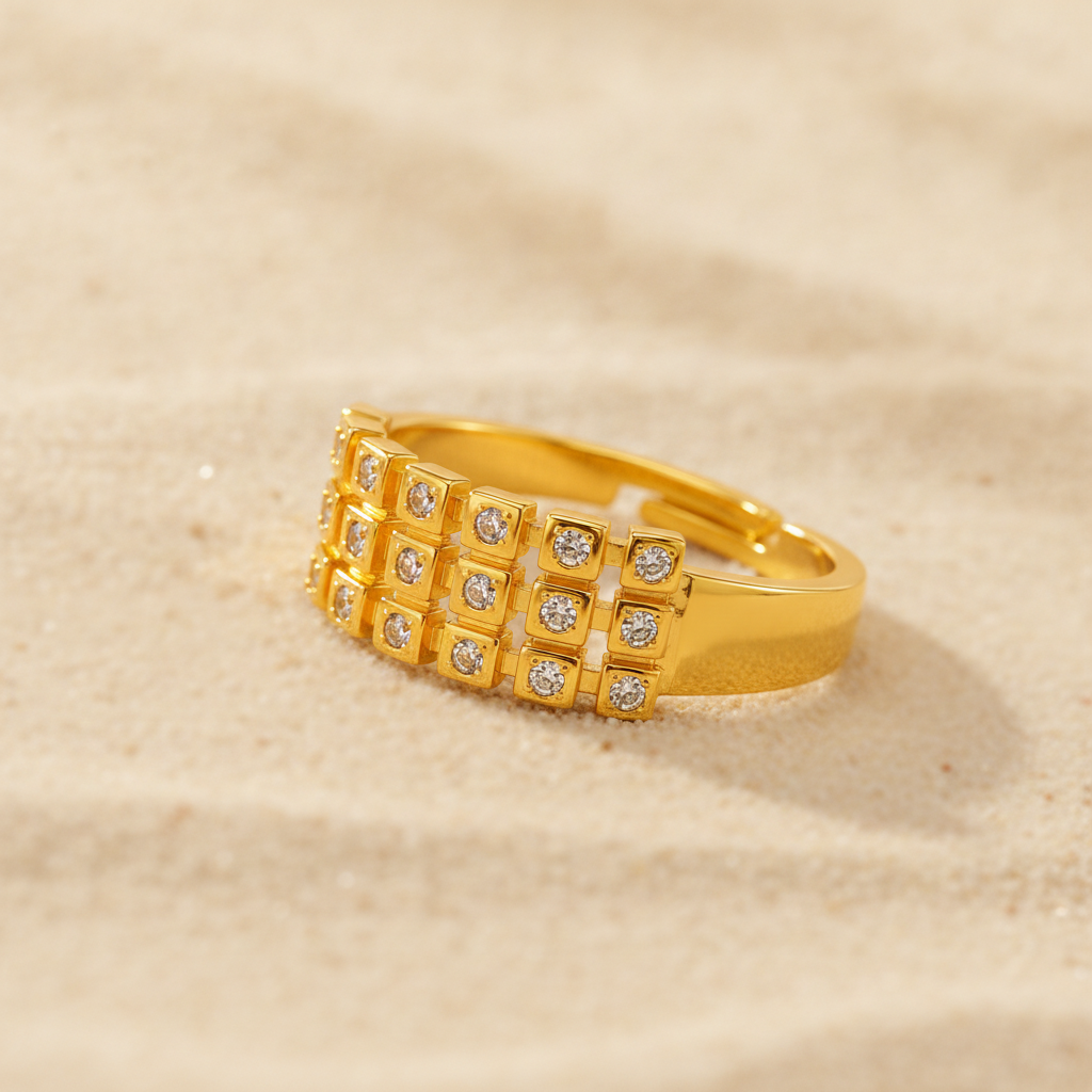 Regal Triple-Row Grid Sparkle Statement Ring for Women