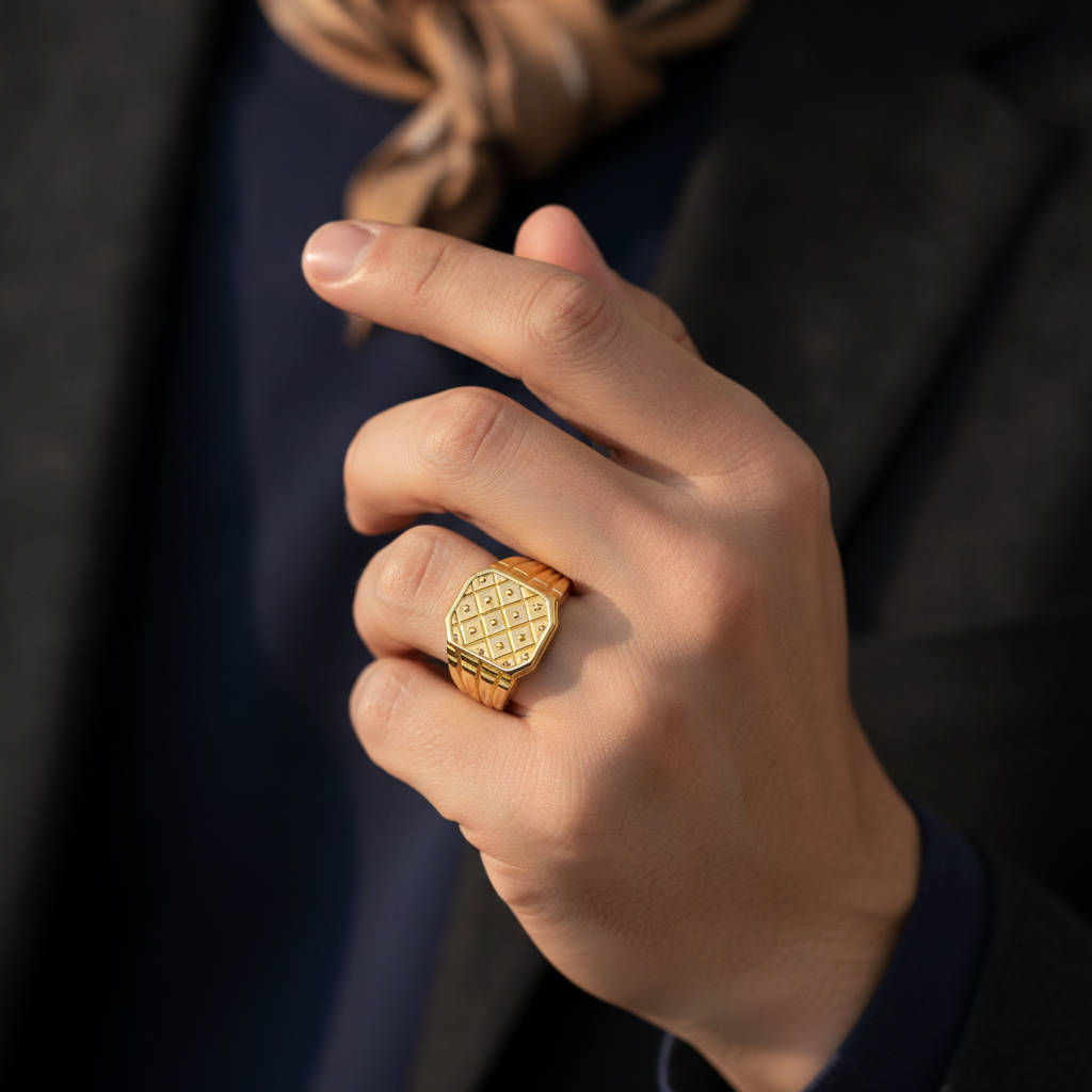 Imperial Checkered Crest Gold Ring For Men