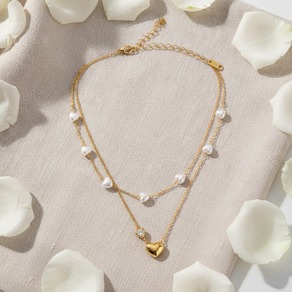 Golden Heart & Pearl Double Layer Necklace for Women