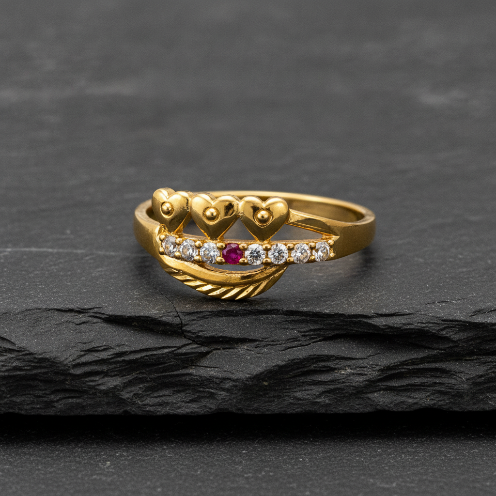Royal Triple Heart Ruby CZ Elegance Ring