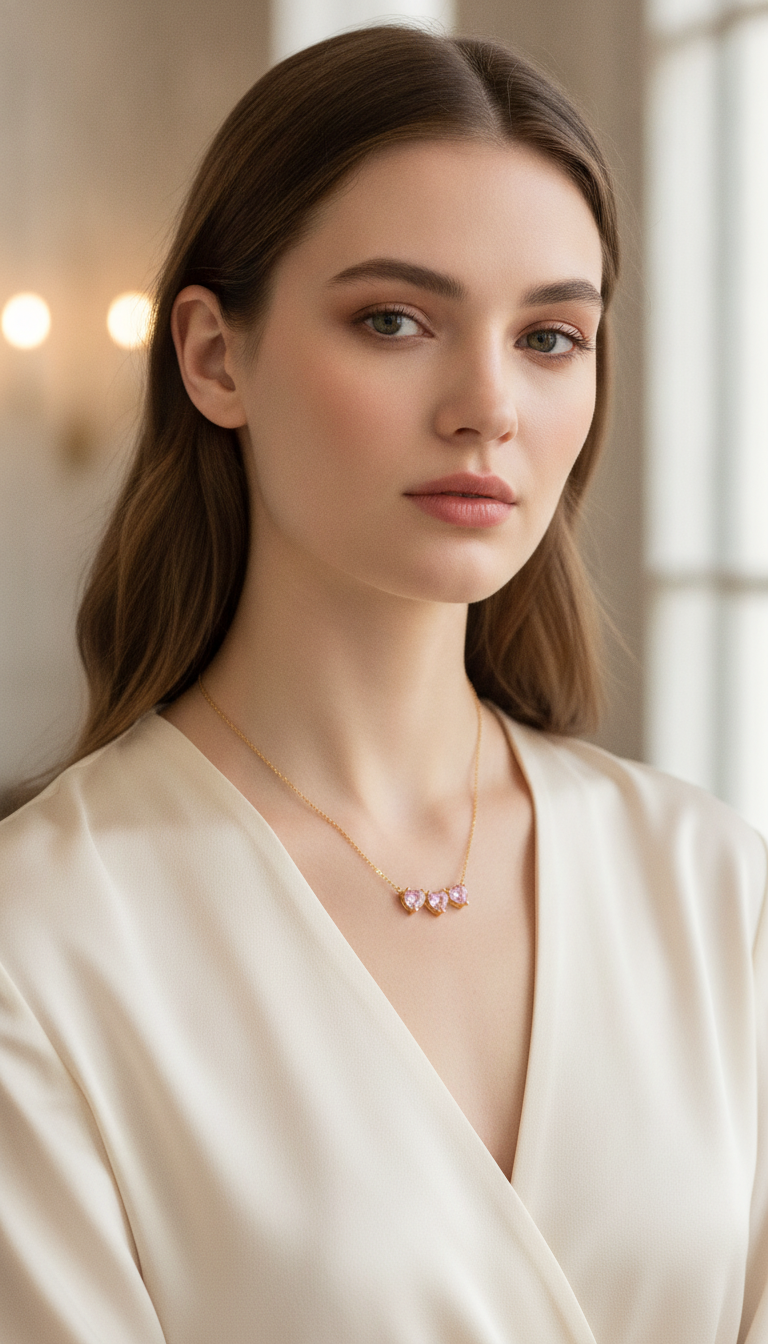 NUGOLD Triple Pink Heart Crystal Necklace for Women & Girls