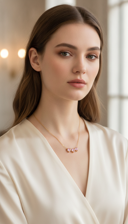 NUGOLD Triple Pink Heart Crystal Necklace for Women & Girls