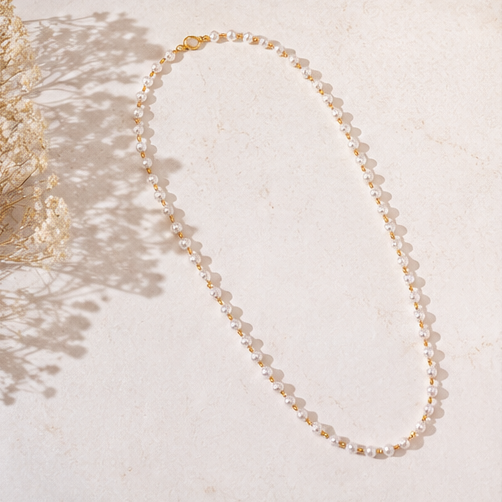 NUGOLD Elegant White Pearl & Gold Bead Chain for Women