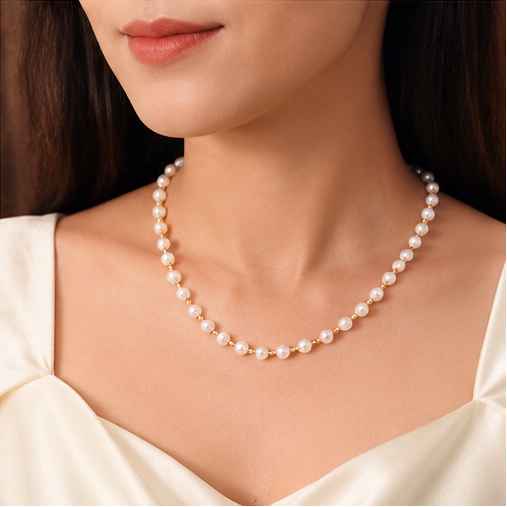 NUGOLD Elegant White Pearl & Gold Bead Chain for Women