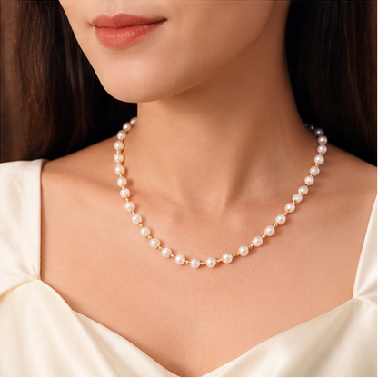 NUGOLD Elegant White Pearl & Gold Bead Chain for Women
